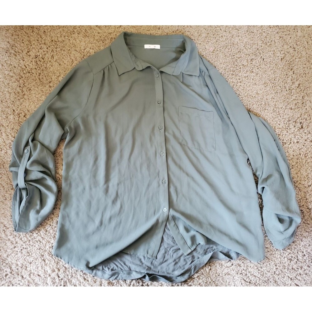 Pleione Womens XL Olive Green Chiffon Roll Tab Sleeve Button Down Blouse Tunic